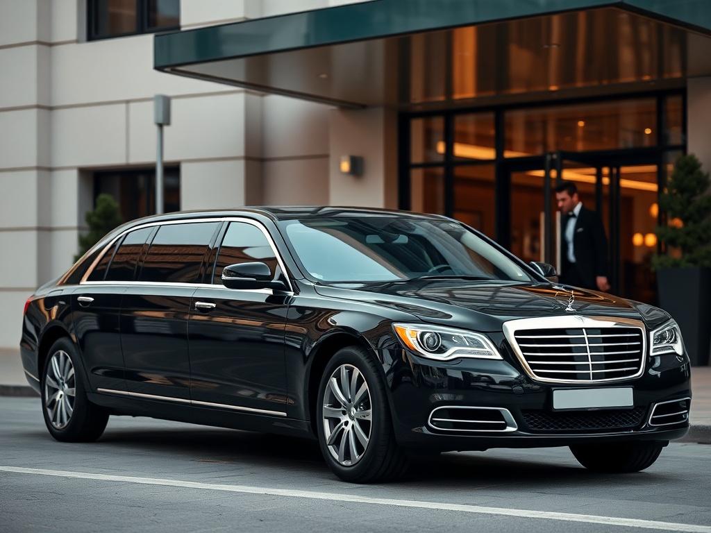 A luxurious black limousine parked in front of a modern