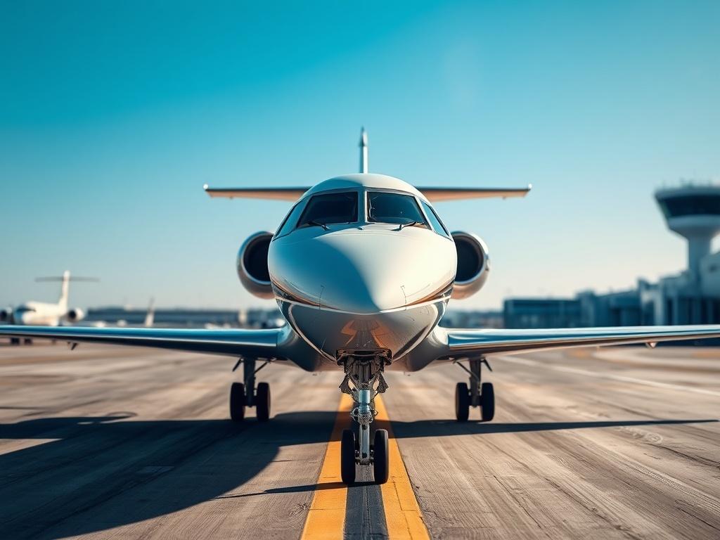 A luxurious private jet on the runway, ready for takeoff