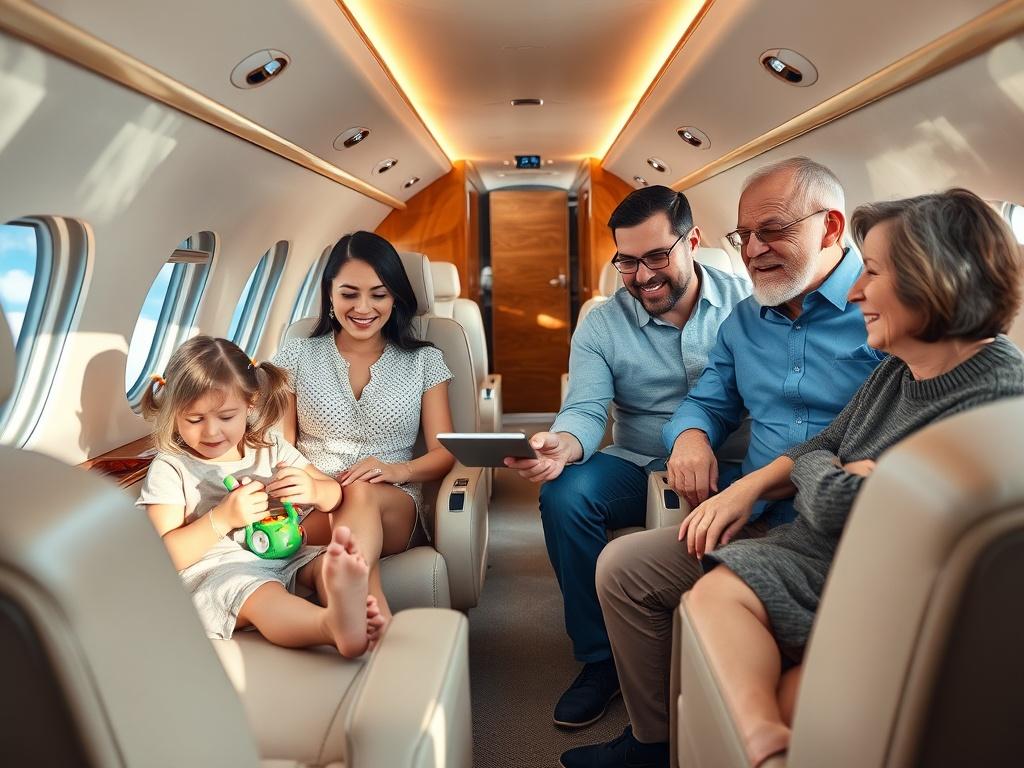 A spacious interior of a luxurious private jet, showcasing a mother, father, teenager, toddler, and grandparent seated comfortably. The family is enjoying their time together, with the toddler playing with a toy, the teenager using a tablet, and the grandparents sharing a smile. The cabin is elegantly designed with plush seating and soft lighting, creating a warm and inviting atmosphere. Large windows reveal a clear blue sky outside, emphasizing the exclusivity and comfort of private air travel.