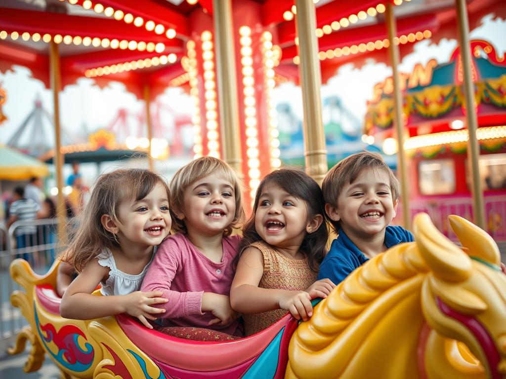 A joyful scene of happy children playing at a vibrant theme park. The focus should be on a group of children, laughing and enjoying themselves on a colorful carousel ride, with bright lights and reflections in the background. The composition should convey a sense of excitement and fun, capturing the essence of a memorable day at the theme park. The background should include various fun fairground attractions like roller coasters and food stalls, creating a lively atmosphere.