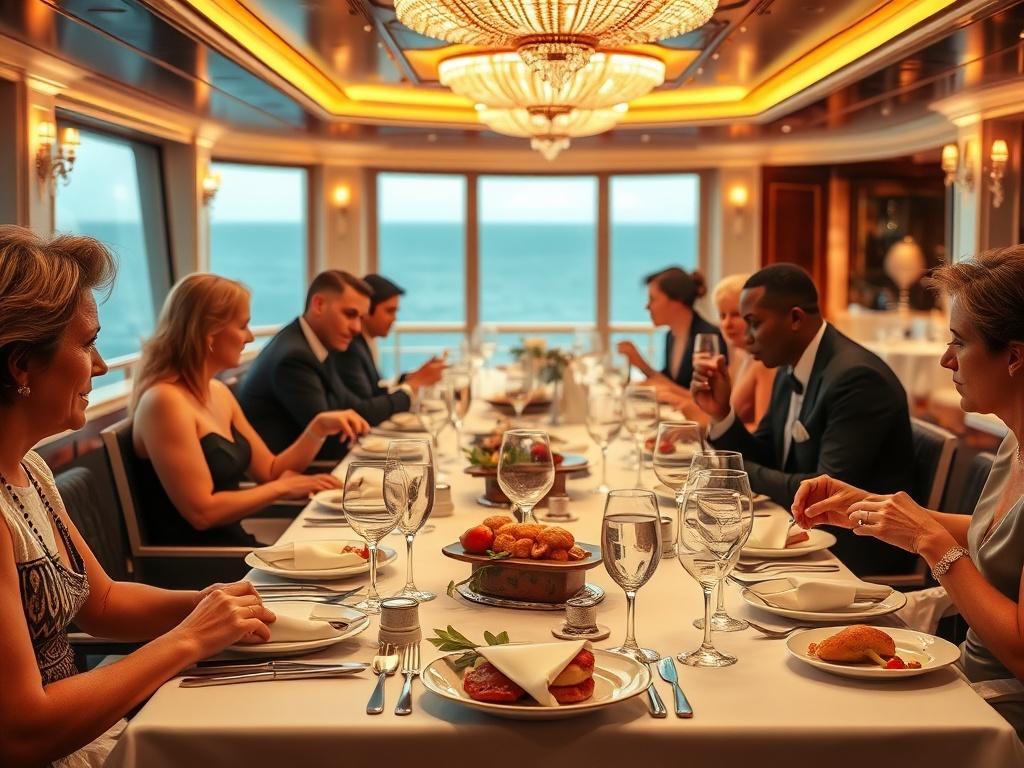 A luxurious cruise ship dining area with elegant table settings, featuring fine china and crystal glasses. Guests are enjoying a 5-star dinner, dressed in formal attire, with soft ambient lighting creating a warm and inviting atmosphere. The background shows a beautiful ocean view through large windows, enhancing the dining experience. The composition includes a single table as the main subject, with a focus on the exquisite food presentation.