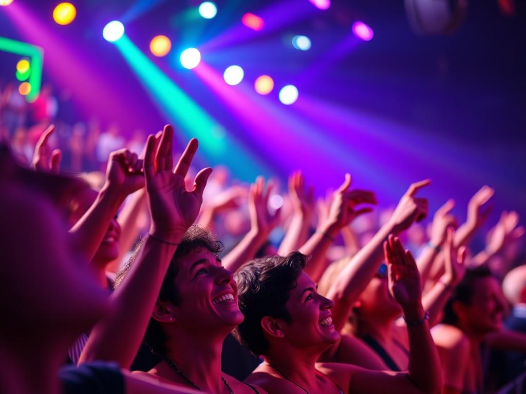 A close-up shot of a vibrant concert scene, featuring a cheering crowd with colorful stage lights illuminating the performers. The composition should focus on the excitement of the audience, capturing their expressions of joy and enthusiasm. The background should blur slightly to emphasize the energy of the performance, with an array of vivid colors reflecting the lively atmosphere of a concert.