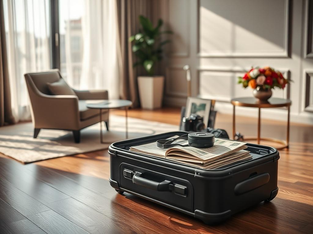 Create a realistic high-resolution photo that encapsulates the essence of "The Benefits of Curated Travel Solutions." Focus on a single, serene subject: a thoughtfully arranged suitcase in an open hotel room. The suitcase should be partially unzipped, revealing neatly packed travel essentials such as a stylish travel guide, a folded map, and a high-end camera, symbolizing a well-planned trip. The background should feature elegant hotel decor, with soft natural light streaming through a large window, casting