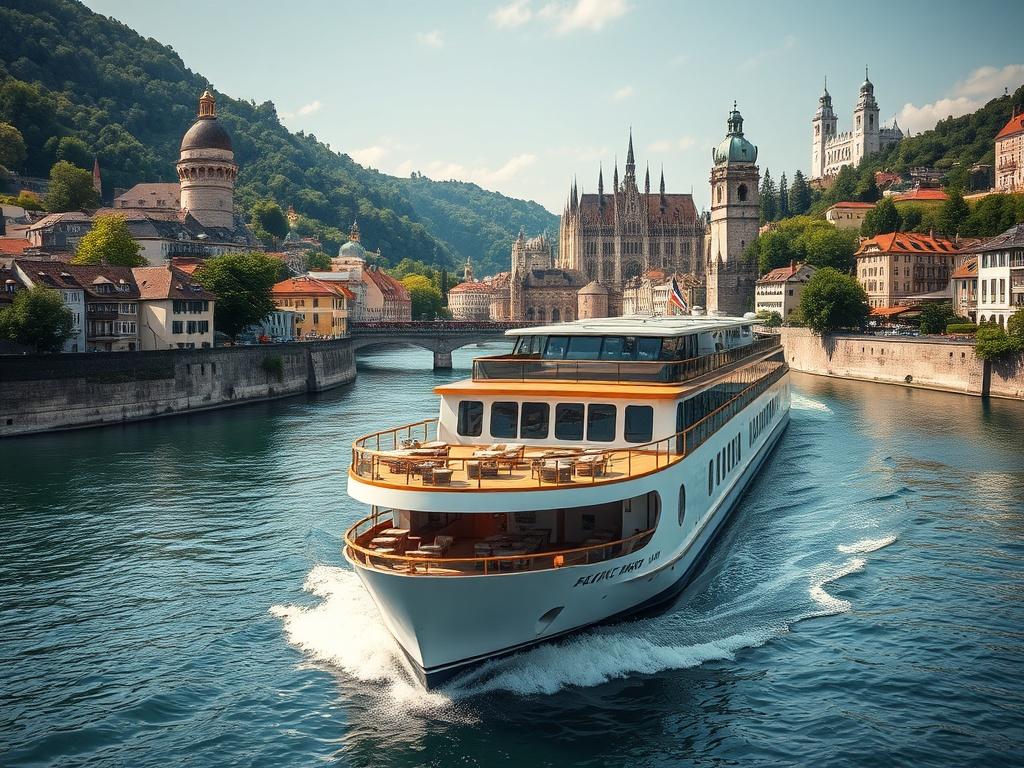 A luxurious river cruise ship gliding through a picturesque European river, surrounded by charming historic towns and lush green landscapes. The focus is on the ship, showcasing its elegant design and comfortable outdoor seating areas. In the background, iconic European architecture, such as quaint buildings and ancient castles, creates a stunning backdrop. The scene is bathed in warm sunlight, creating a welcoming and serene atmosphere.