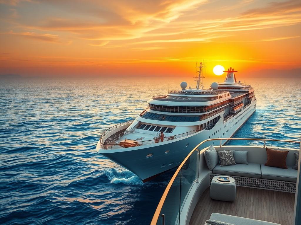 A luxurious cruise ship sailing through crystal clear blue waters, with a vibrant sunset in the background. The image should focus on the ship, showcasing its elegant design and spacious decks. In the foreground, include a hint of a private suite balcony with plush furnishings. The background should have gentle waves and a serene horizon, creating a peaceful and inviting atmosphere. The colors should be warm, emphasizing the beauty of the sunset, and the overall composition should be simple and clear.
