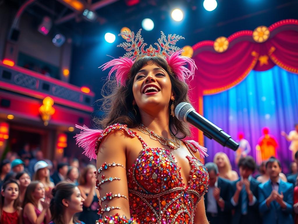 A vibrant, high-resolution close-up shot of a Broadway musical performance. The image focuses on a lead performer in a dazzling costume, passionately singing under bright stage lights. The background features an audience captivated by the performance, with colorful stage decorations and a dramatic curtain. The atmosphere is electric, showcasing the excitement and energy of live theater.