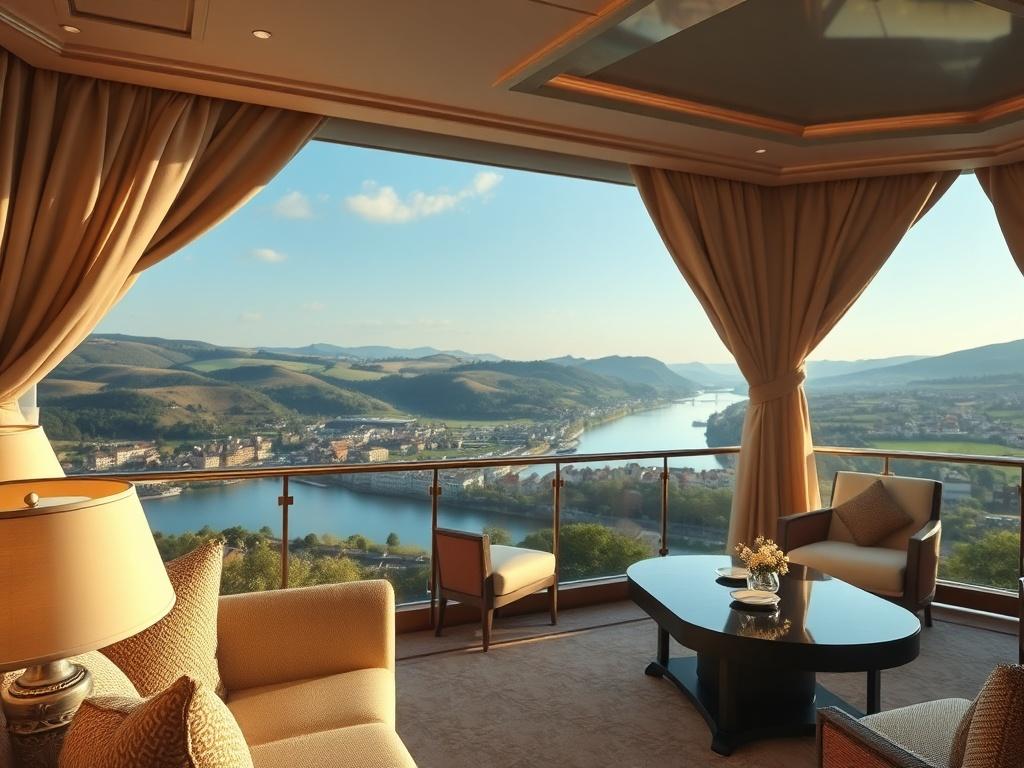 A luxurious river cruise suite featuring an elegant interior with plush furnishings and a large balcony overlooking stunning European views. The balcony should showcase a picturesque landscape of rolling hills and charming villages, with a serene river flowing below. The lighting should convey a warm and inviting atmosphere, highlighting the comfort of the suite. The composition should focus on the balcony and the view, with the suite's elegant decor subtly included in the foreground.