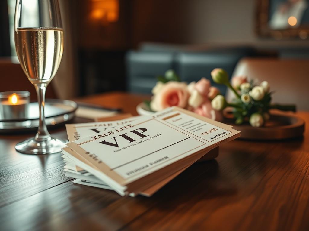 A high-resolution close-up shot of elegantly arranged VIP hospitality tickets on a stylish wooden table, surrounded by luxurious items such as a glass of fine champagne and a small bouquet of flowers. The background should be softly blurred, highlighting the sophistication and exclusivity of the event experience, with warm lighting to create an inviting atmosphere.