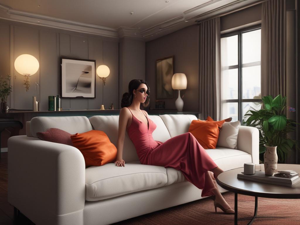 A stunning female escort sitting elegantly on a plush sofa