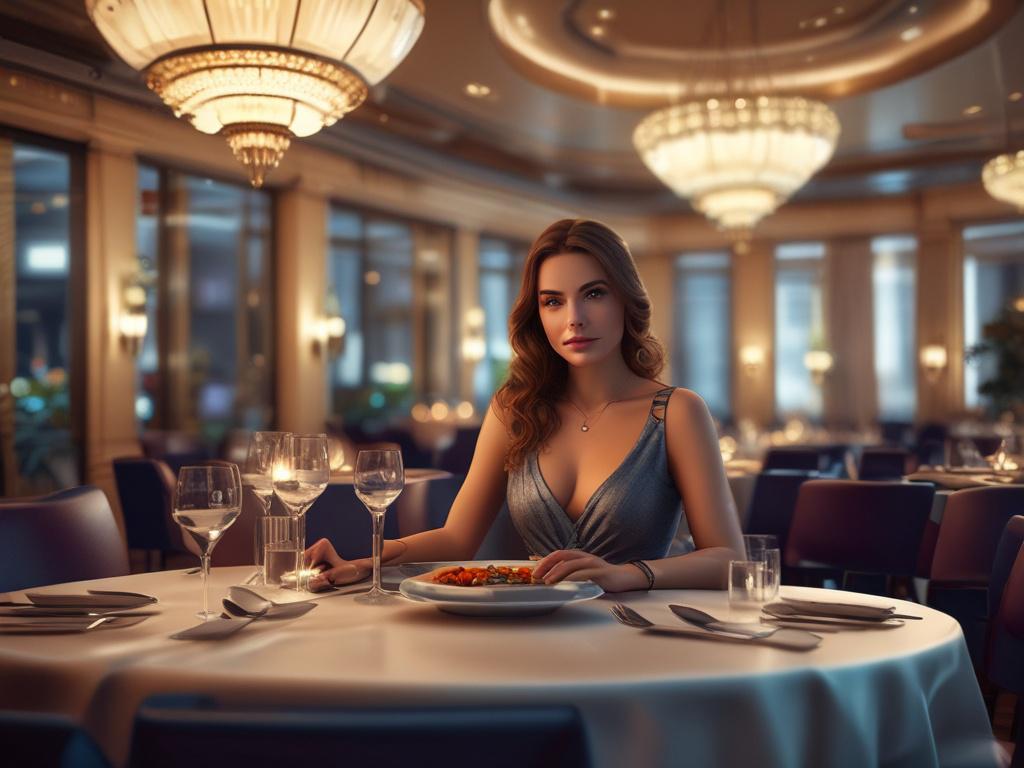A beautiful female escort enjoying a luxurious dinner at a