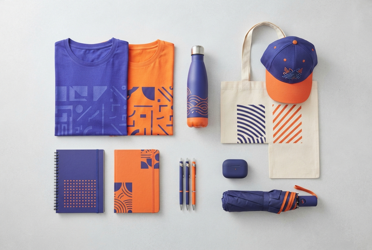 Assortment of custom branded promotional merchandise including apparel, drinkware, bags and tech accessories