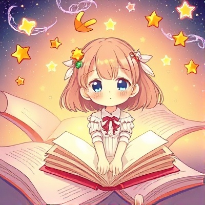 Whimsical illustrated girl surrounded by floating books and stars