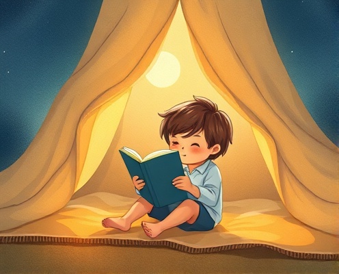 Child reading under blanket tent