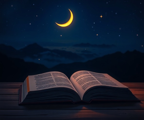 Serene nighttime scene with moonlit open book