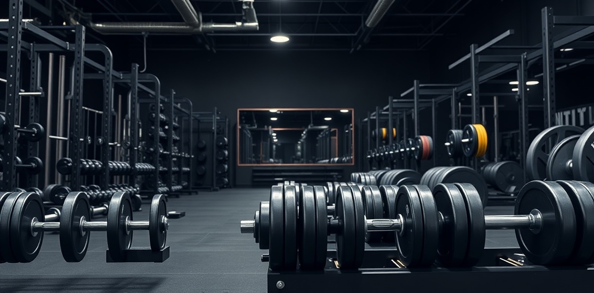 Professional commercial gym setup with dumbbells and equipment