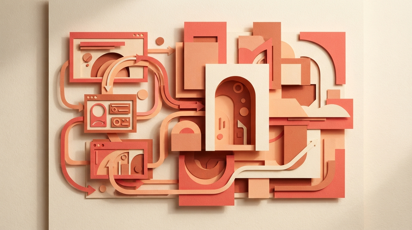 Abstract paper-cut composition suggesting workflows and interface frames