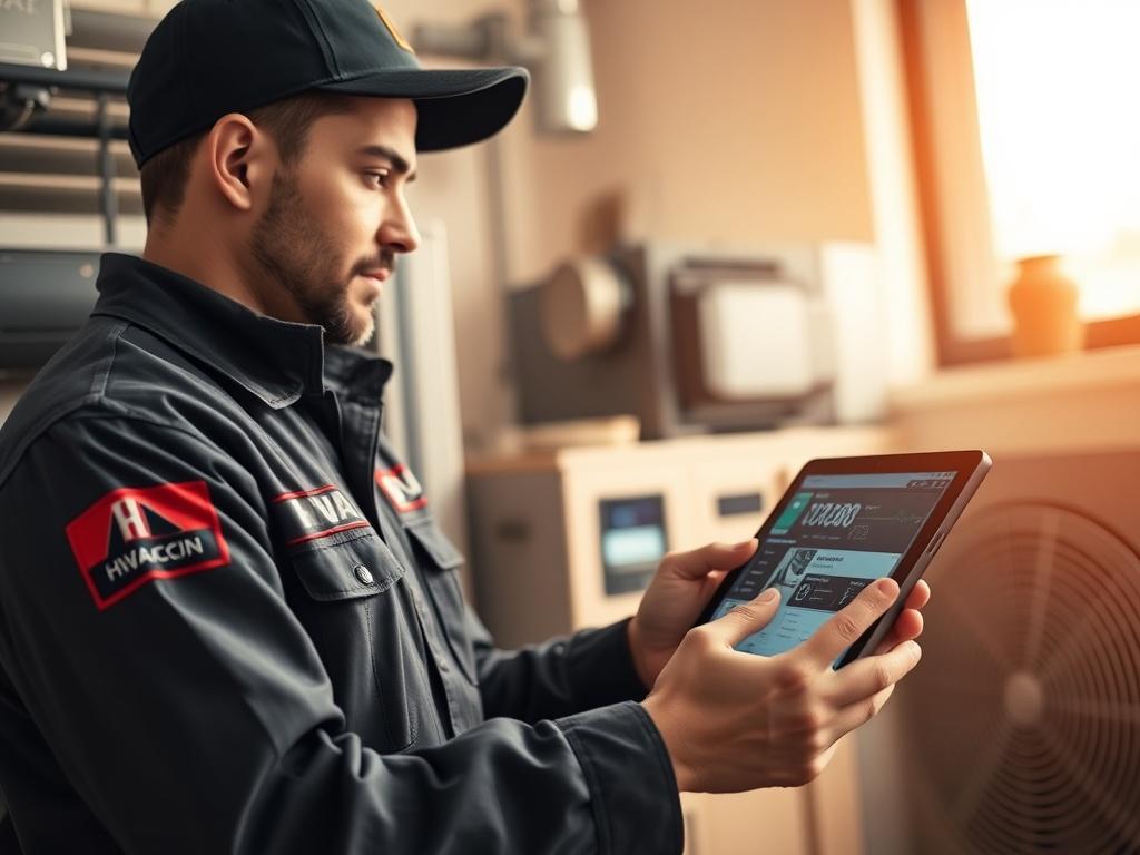 A close-up shot of a professional HVAC technician using a tablet to check system diagnostics in a modern home. The technician is focused, wearing a branded uniform, and surrounded by HVAC equipment. The background is slightly blurred to emphasize the technician, with warm, inviting lighting that conveys a sense of reliability and professionalism.