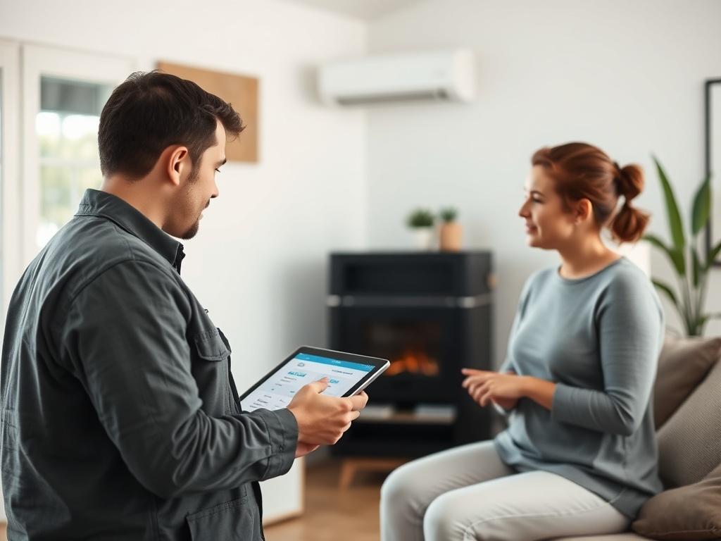 A high resolution image of an HVAC technician discussing options