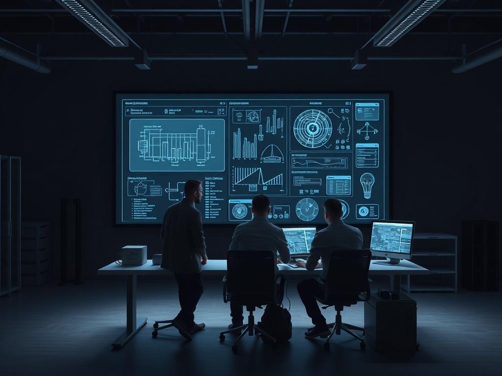 An industrial design workspace with a team collaborating over digital