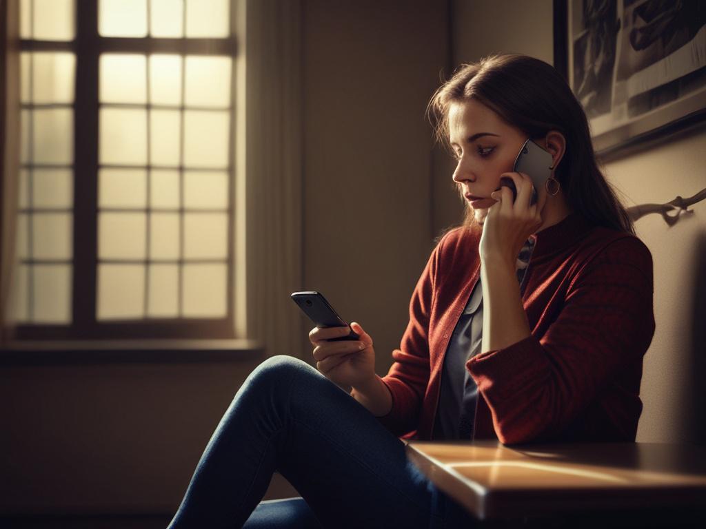 A close-up image of a person with a thoughtful expression, sitting in a cozy, dimly lit room. The person is holding a phone to their ear, with soft shadows enhancing the character of the scene. The background features a blurred view of a warm, inviting space, with hints of mystical decor that suggest a safe and welcoming atmosphere. The colors are rich and deep, with contrasts that evoke a sense of intimacy and connection.