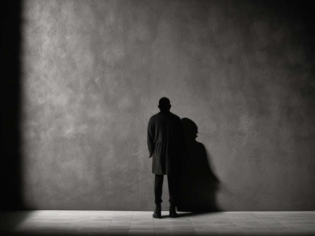 A shadowy, intimate setting featuring a single person standing before