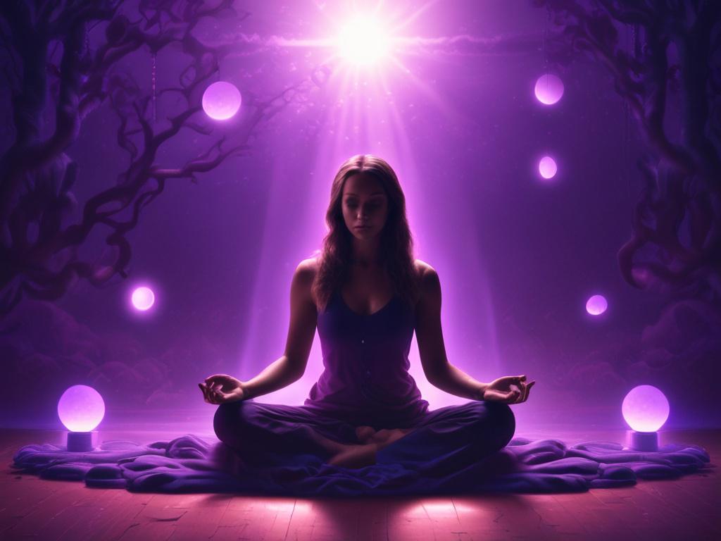 A serene, mystical environment featuring a person seated in a