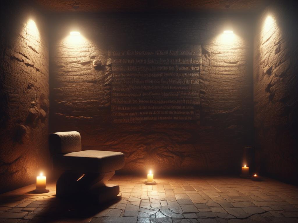 A dimly lit, atmospheric room with a single, large stone