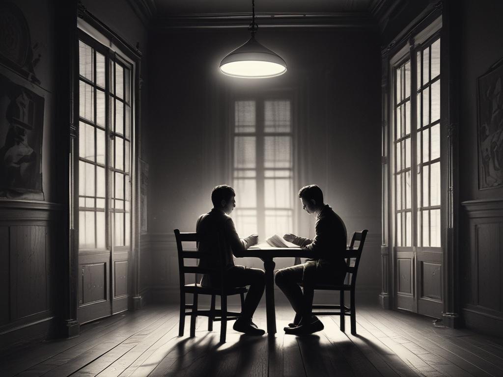 A solitary figure sits on a wooden chair in a