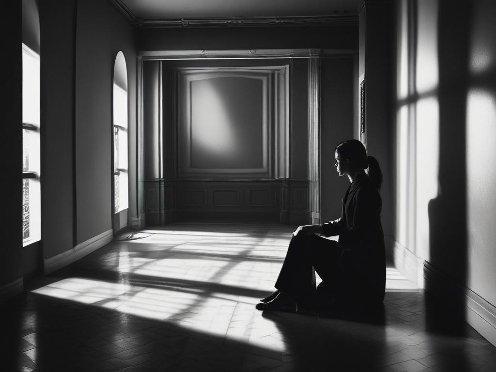 **Prompt for AI Image Generator:**

Create a realistic high-resolution photo that embodies the theme "Embracing Your Shadows." The composition should feature a single subject—a person sitting in a dimly lit room, reflecting a deep sense of contemplation and acceptance. 

The subject, a gender-neutral individual, should be portrayed with their head slightly bowed, eyes closed, and an expression of serenity combined with introspection. They have wavy hair cascading over their shoulders, and their attire is da