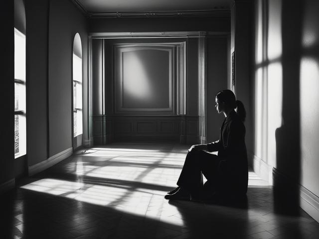 **Prompt for AI Image Generator:**

Create a realistic high-resolution photo that embodies the theme "Embracing Your Shadows." The composition should feature a single subject—a person sitting in a dimly lit room, reflecting a deep sense of contemplation and acceptance. 

The subject, a gender-neutral individual, should be portrayed with their head slightly bowed, eyes closed, and an expression of serenity combined with introspection. They have wavy hair cascading over their shoulders, and their attire is da