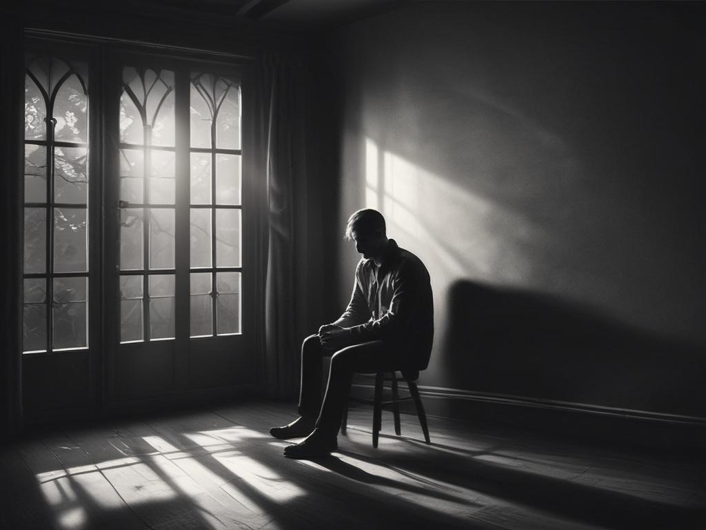A realistic high-resolution photo of a solitary figure seated in a dimly lit room, surrounded by shadows. The person is sitting on a wooden chair with their hands clasped together, looking contemplative and serene. Soft, dramatic lighting accentuates their facial features and creates an intense atmosphere. The background is blurred and dark, suggesting a sense of mystery and introspection. The overall color palette incorporates deep tones with hints of the primary color rgb(29, 198, 181) subtly reflected in