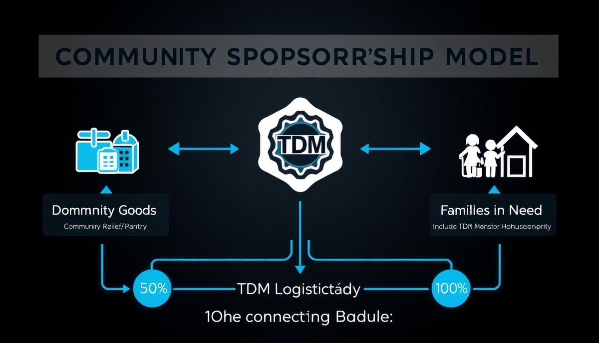 Community Sponsorship Model flow diagram showing donations flowing into TDM Operational Engine with 50% cash to community relief and 100% goods to families in need