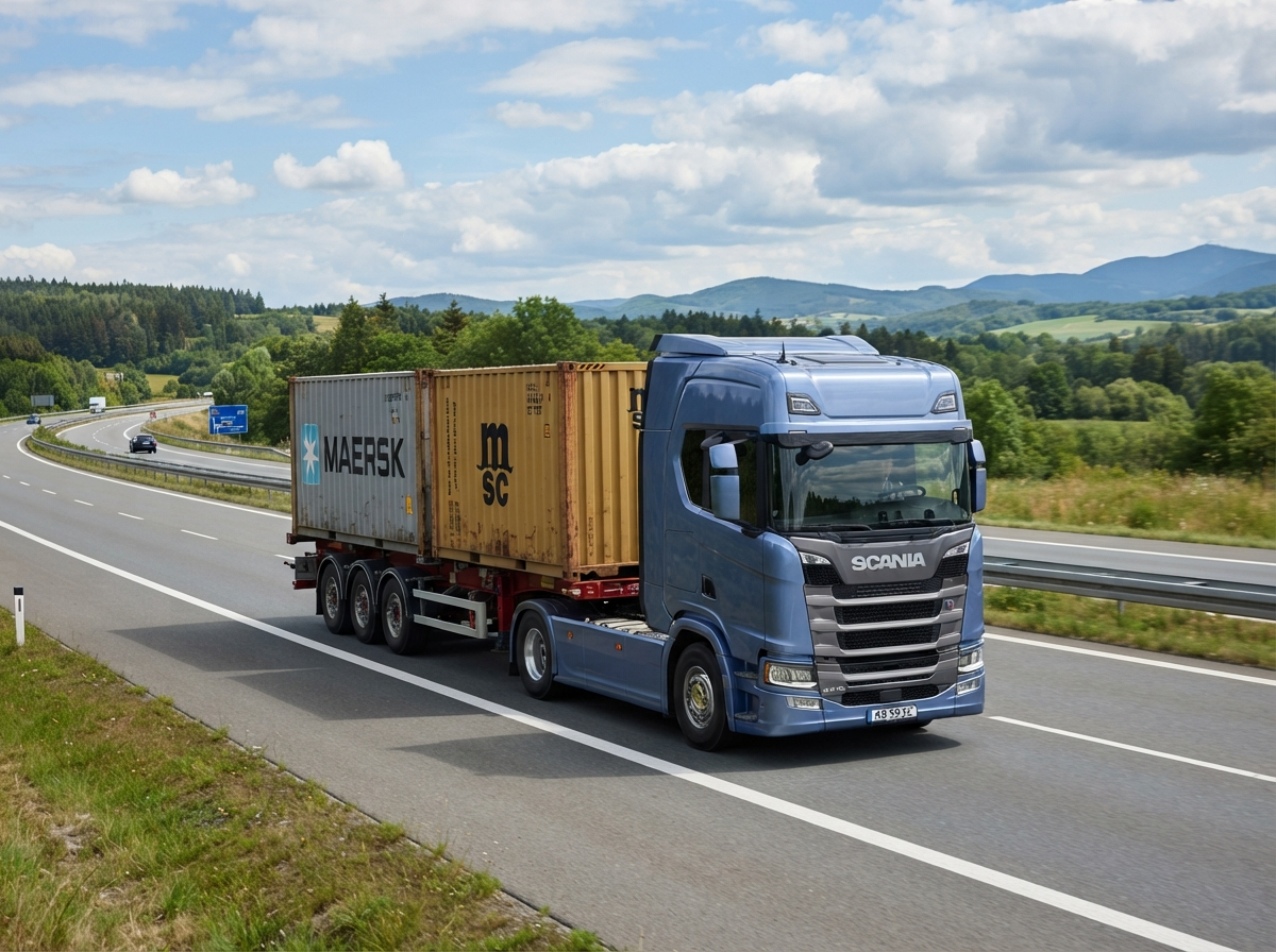 Scania tri-axle truck hauling containers