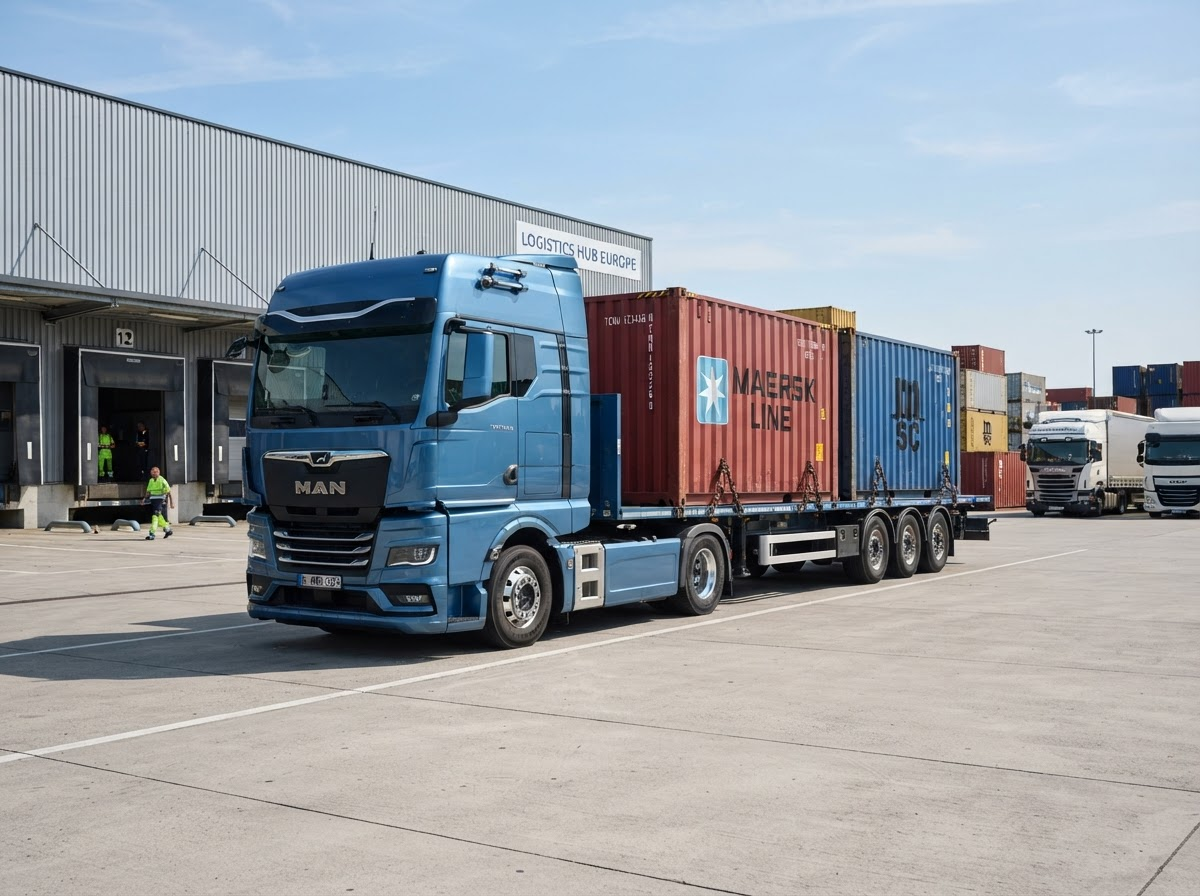 MAN tri-axle truck hauling containers