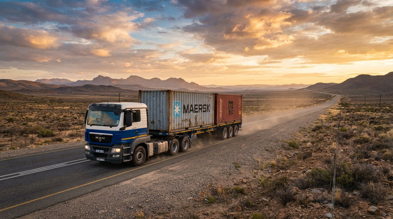 Tri-axle trailer truck transporting containers along the N1 highway through the Karoo