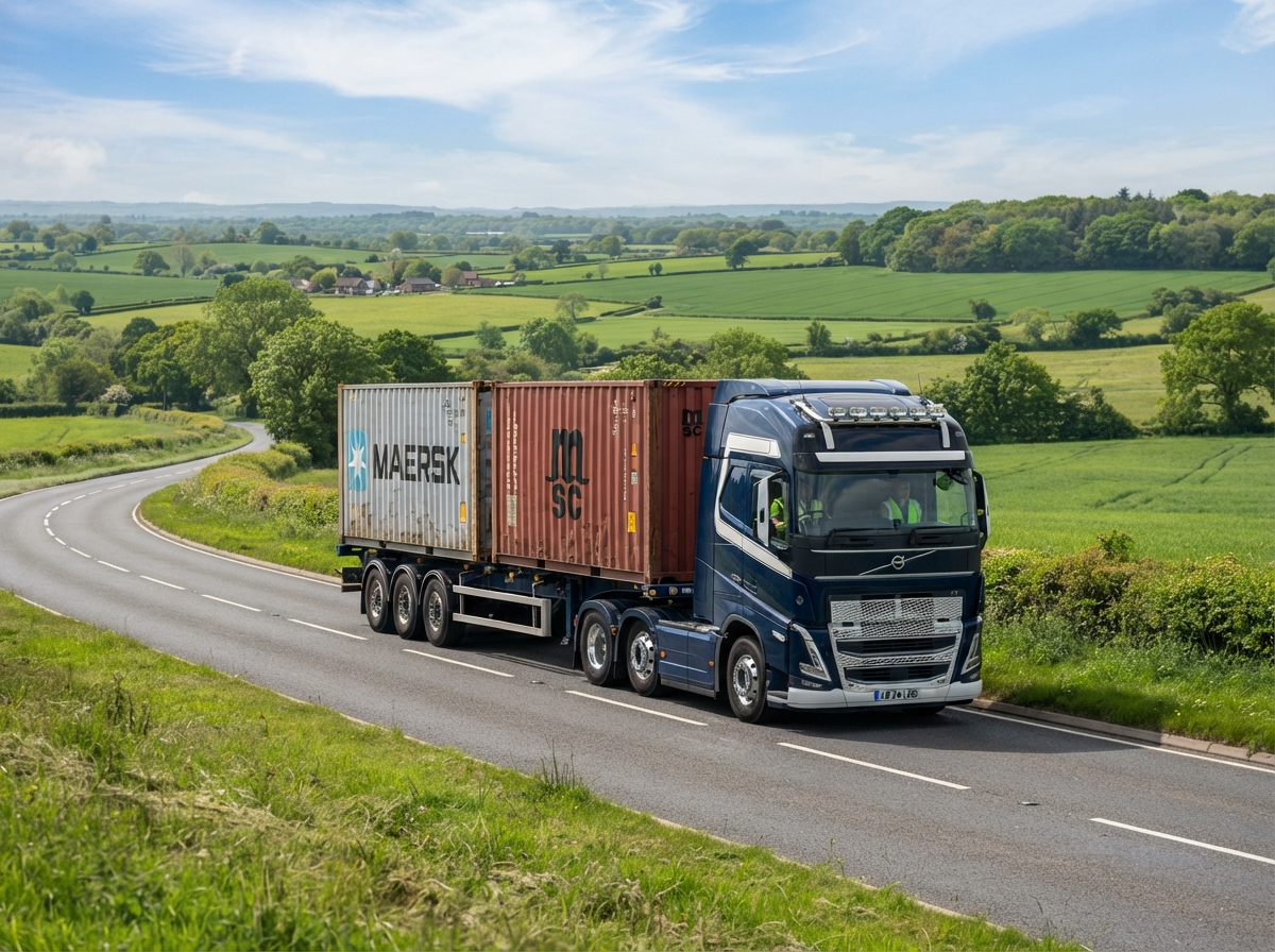 Volvo tri-axle truck hauling containers