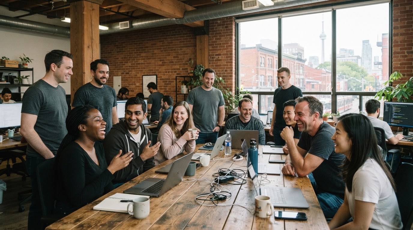 The Ledgerline team of about a dozen people standing and sitting around a long shared table in their brick-and-beam King West office in Toronto, relaxed and mid-conversation in afternoon daylight