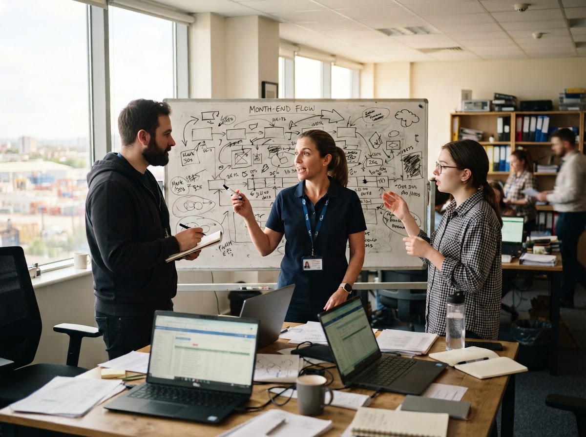 A controller and two analysts in a freight company office, mid-discussion at a whiteboard covered in a hand-drawn month-end timeline, laptops open beside them