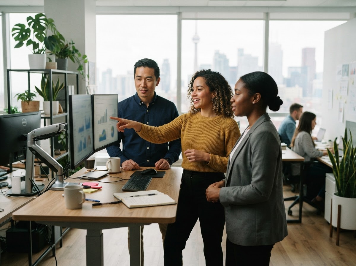 Three Ledgerline customer success team members reviewing a month-end close together at a standing desk with two monitors, lit by window light in the Toronto office