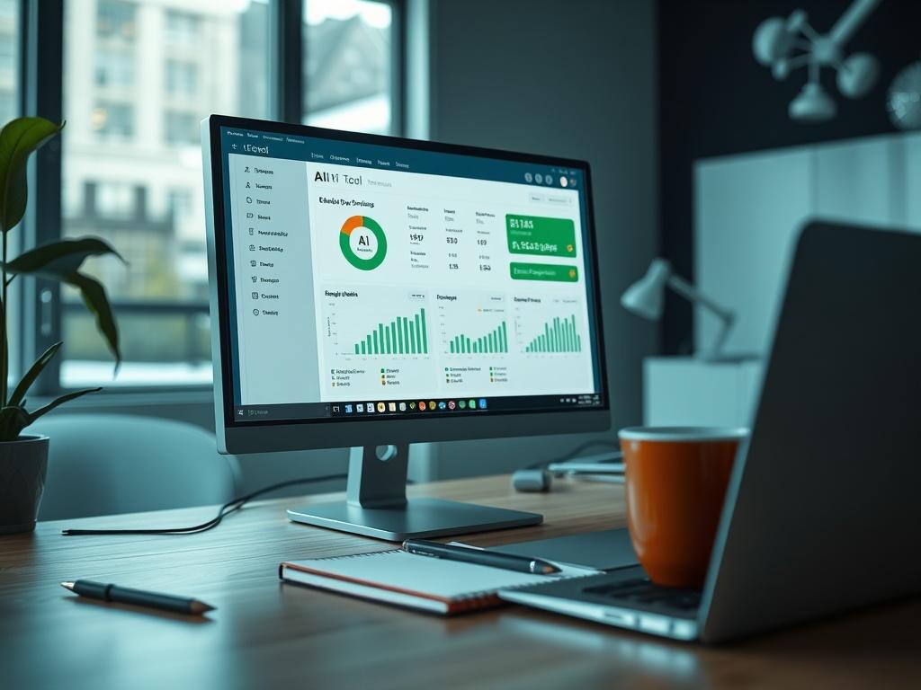 A realistic high-resolution close-up shot of a computer screen displaying an AI tool dashboard, with a laptop, notepad, and coffee cup in the background. The setting should be a clean, modern workspace that reflects productivity and innovation. The primary colors should include shades of green to match the rgb(50, 170, 39) color theme.