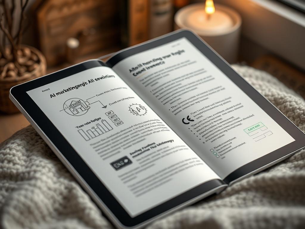 A high-resolution close-up shot of an open eBook on a tablet, featuring engaging graphics and text about AI marketing strategies, with a cozy reading nook background.