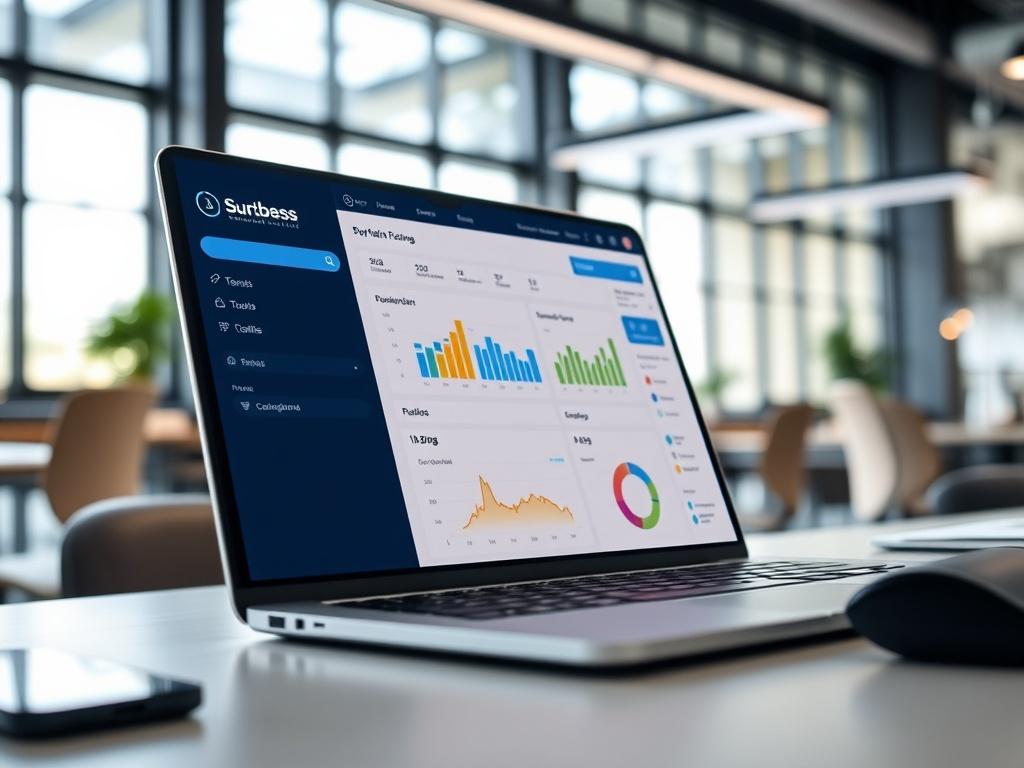 A high-resolution close-up shot of a laptop screen showcasing a vibrant dashboard of various SaaS tools, with a background of a modern office environment filled with natural light.