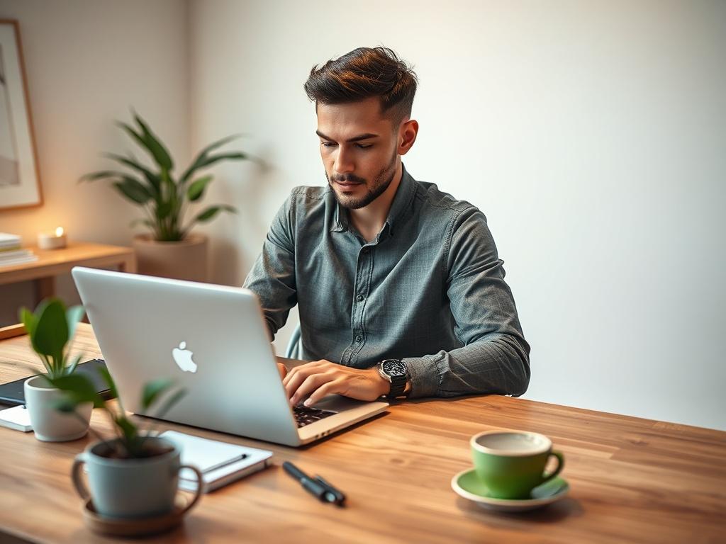 Create a realistic high-resolution photo that visualizes the concept of maximizing productivity with AI tools. The composition should feature a single subject: a focused individual seated at a modern, minimalistic desk, engaged with their laptop. The person, depicted as a young professional wearing casual yet smart attire, should have a look of concentration and inspiration as they interact with AI-driven software on the screen. 

Ensure the background is softly blurred to keep attention on the subject, but