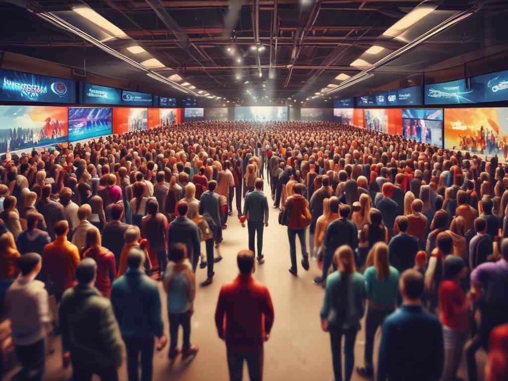 Crowd interacting with tech displays, diverse participants, dynamic atmosphere, bright colors, engaging setup