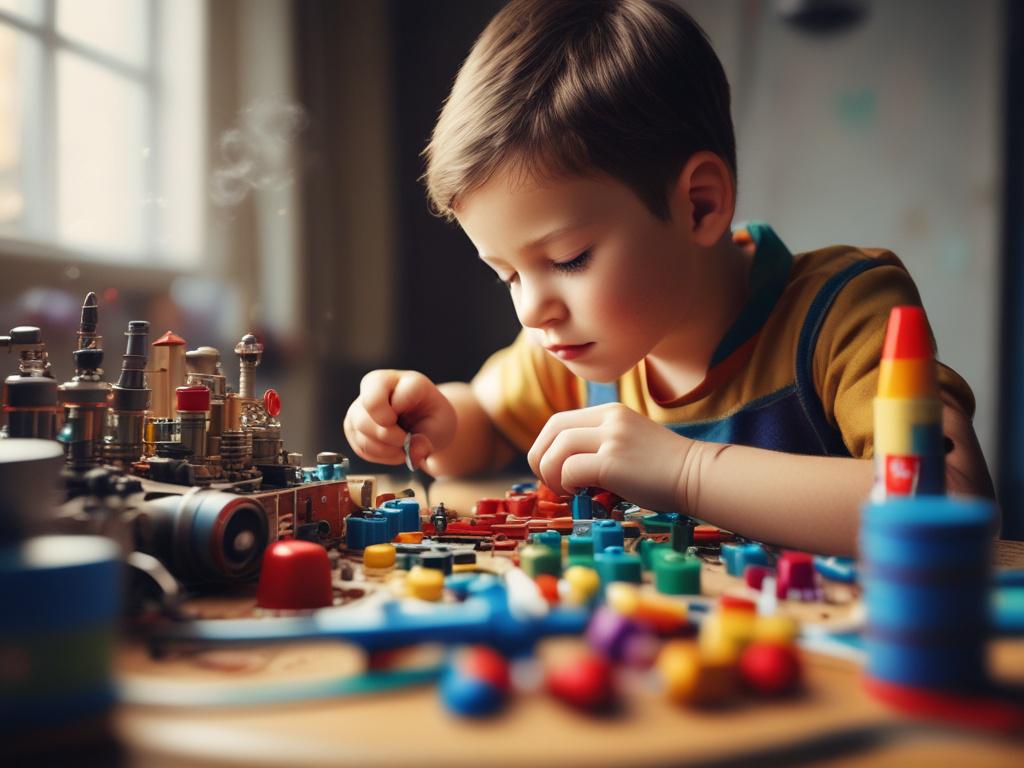 Close-up of a child assembling a STEAM kit, vibrant colors, focus on the kit components, natural light background