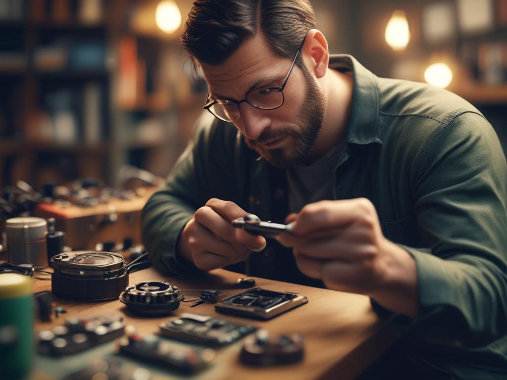 Technician repairing a smartphone, focused expression, tools laid out, workshop environment, warm lighting