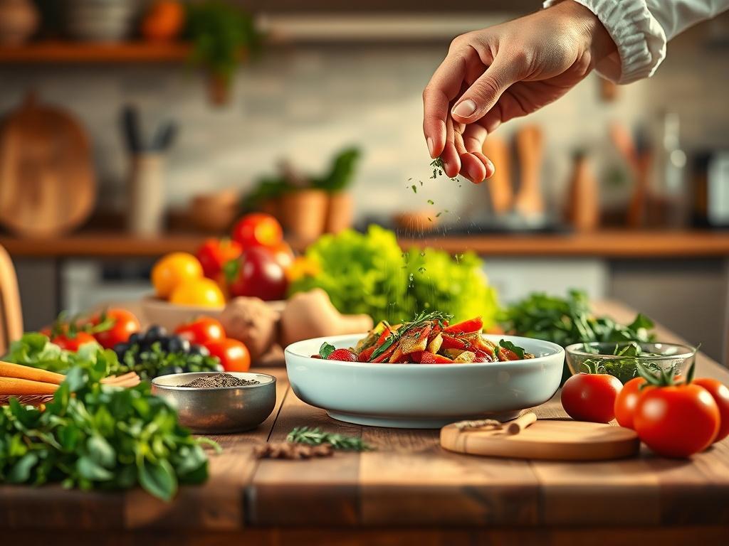 A serene kitchen scene featuring a beautifully arranged wooden table