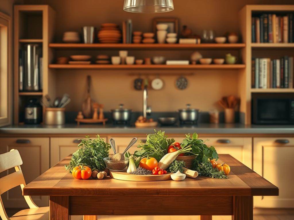 A serene kitchen scene with warm golden hues, featuring a