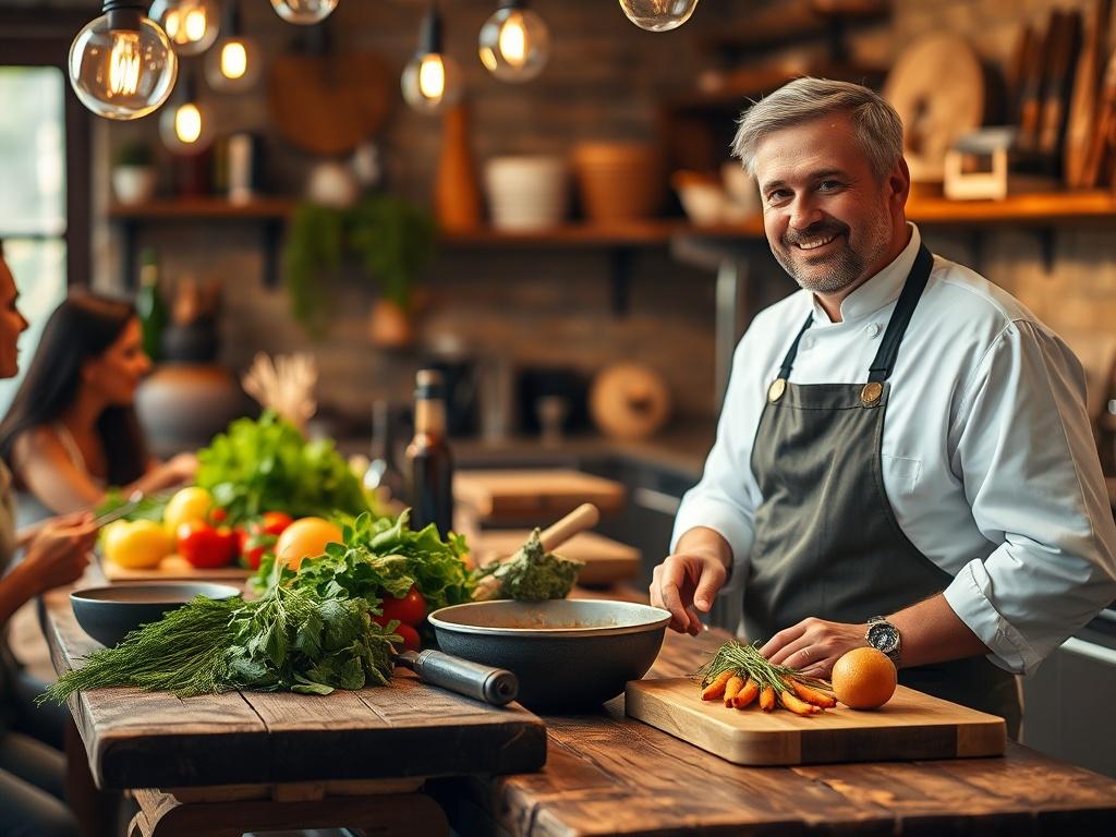 A cozy kitchen setting with a chef demonstrating cooking techniques