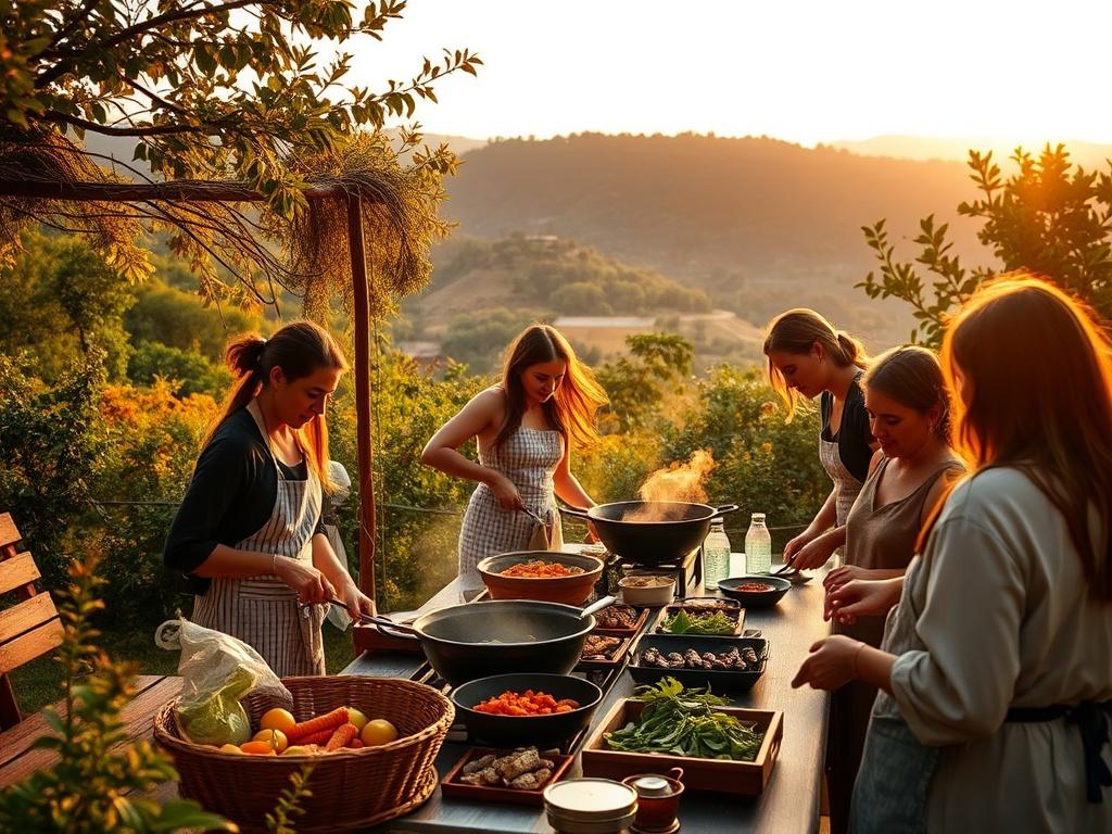 A picturesque outdoor setting with a group of people cooking